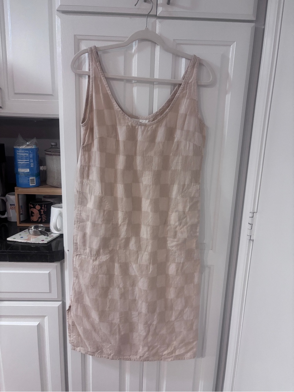 Women’s Beige Check Linen-Style Tank Dress